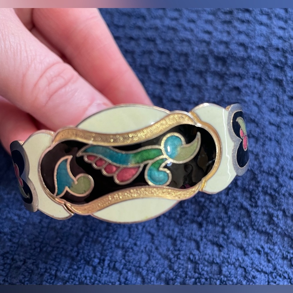 Vintage Cloisonné Style Bangle Floral Bracelet Costume Jewelry
